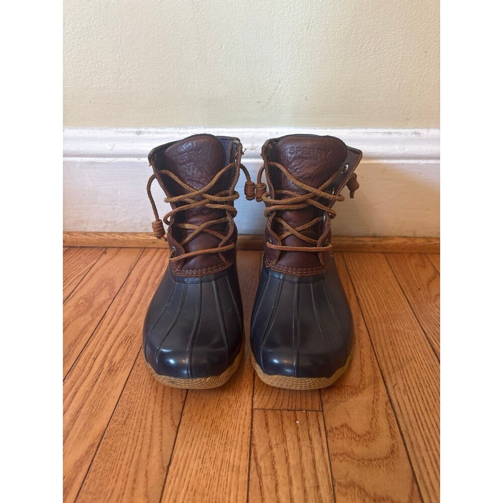 Sperry womens duck boots waterproof rubber leather brown blue lace up girls teen